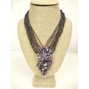 Vintage Dangling Purple Amethyst Multi-strand Seed Bead Necklace Goodluck Charm